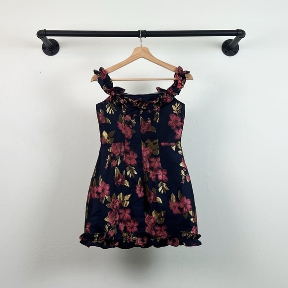 NWT Lulu’s Pop the Bottle Navy Blue Floral Jacquard Ruffled Mini Dress - Picture 6 of 7